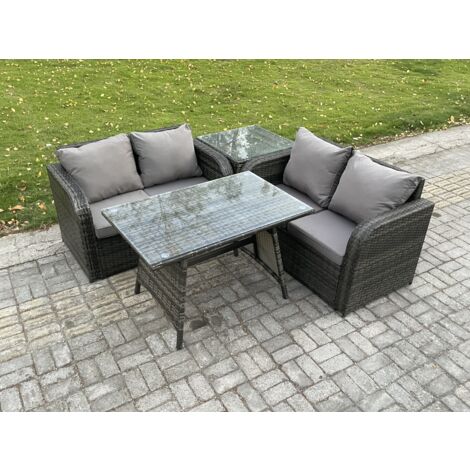 Fimous Ensemble de meubles de jardin en polyrotin 4 Pièces avec Table à manger rectangulaire Canapé d'amour Table d'appoint (1/5)