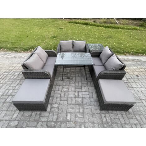 Fimous Salon de jardin exterieur 8 places avec Canapé d'amour Table à manger rectangulaire 2 Grand tabourets Table d'appoint Gris foncé mixte (1/5)