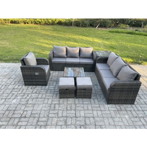 Fimous Salon de jardin exterieur avec Canapés Table basse carrée Chaise inclinable Table d'appoint 2 Petits tabourets Gris foncé mixte (1/5)