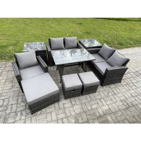 Fimous Ensemble de canapé en rotin extérieur avec Table à manger rectangulaire Canapé à deux places 2 Tables d'appoint 3 Tabourets Gris foncé mixte (1/5)