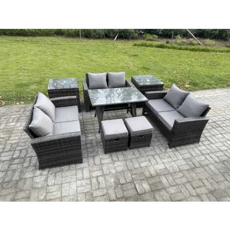 Fimous Salon de jardin avec Table à manger rectangulaire Canapé 2 places 2 Petits tabourets 2 Tables d'appoint Gris foncé mixte (1/5)