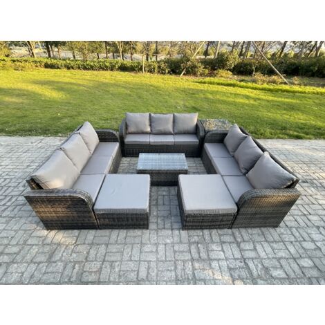 Fimous Ensemble de meubles de jardin en polyrotin 11 places avec Table basse rectangulaire Canapé 3 places Table d'appoint 2 Grand tabourets Gris foncé mixte (1/5)
