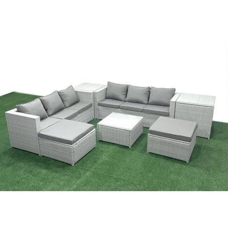 Fimous Ensemble de meubles de jardin en rotin 8 places Ensemble de canapés de jardin avec 2 Grand tabourets 2 Tables d'appoint Gris clair mixte (1/5)