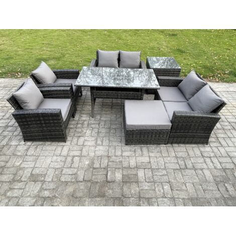 Fimous Ensemble de meubles de jardin en rotin  7 places avec Table à manger oblongue DoppelsitzCanapé Table d'appoint Grands Tabouret Gris foncé mélangé (1/5)