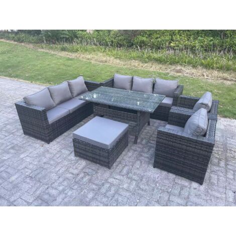 Fimous Ensemble de mobilier de jardin d'extérieur Table à manger rectangulaire avec 2 Fauteuils Grands Tabouret 9 places Gris foncé mélangé (1/5)