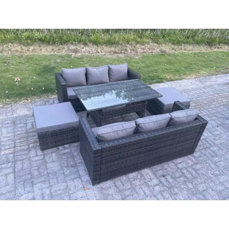 Fimous 8 places Ensemble de mobilier de jardin d'extérieur Table à manger rectangulaire avec 2 Grands Tabourets Gris foncé mélangé (1/4)