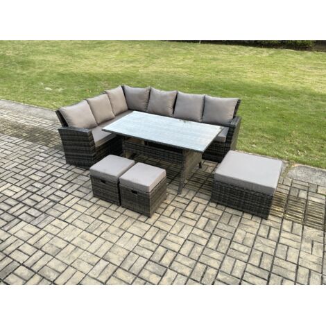 Fimous 9 places Ensemble de meubles de jardin en rotin avec 3 Repose-pieds Gris foncé mélangé (1/5)