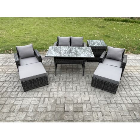 Fimous Ensemble de mobilier de jardin d'extérieur Table à manger rectangulaire avec DoppelsitzCanapé Fauteuils 2 Grands Tabourets Table d'appoint 6 places Gris foncé mélangé (1/5)