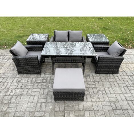 Fimous Ensemble de meubles de jardin en polyrotin avec Table à manger rectangulaire Canapé avec 2 Table d'appoint Grands Tabouret (1/5)