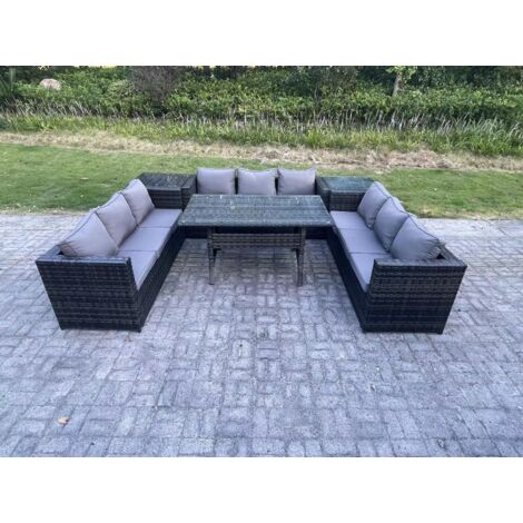 Fimous Salon de jardin exterieur en resine Table à manger rectangulaire avec 2 Tables d'appoint 9 places Gris foncé mélangé (1/5)