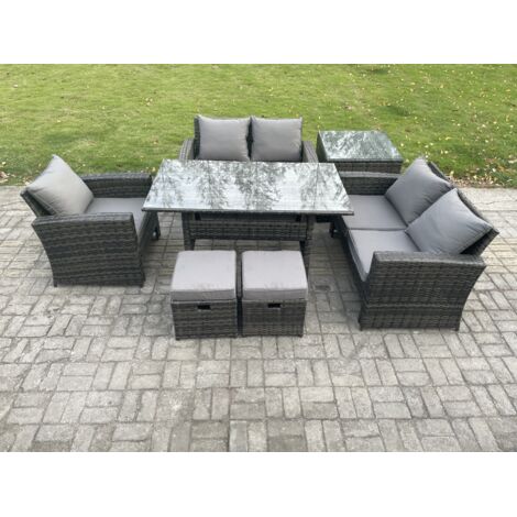 Fimous Ensemble de meubles de jardin en polyrotin avec Table de salle à manger DoppelsitzCanapé Table d'appoint 2 Petits repose-pieds Gris foncé mélangé (1/5)