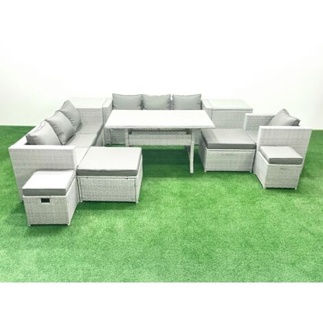 Fimous Ensembles de salons de jardin 11 places Ensemble canapé et table à manger avec 4 Tabourets 2 Tables d'appoint Gris clair mélangé (1/5)