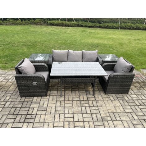 Fimous Ensemble de meubles de jardin en polyrotin Table à manger rectangulaire et Fauteuil Canapé avec 2 PC Table d'appoint Gris foncé mélangé (1/5)