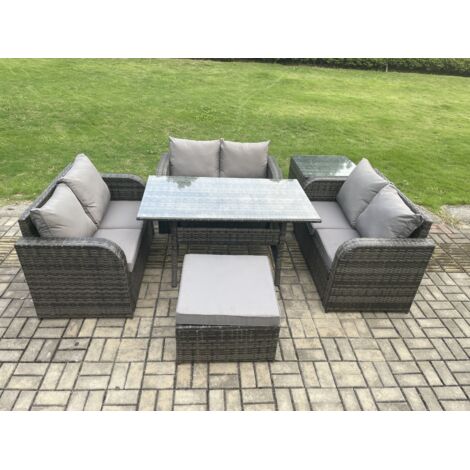 Fimous Ensemble de meubles de jardin en polyrotin avec Table à manger rectangulaire Grands Tabouret Table d'appoint Gris foncé mélangé (1/5)