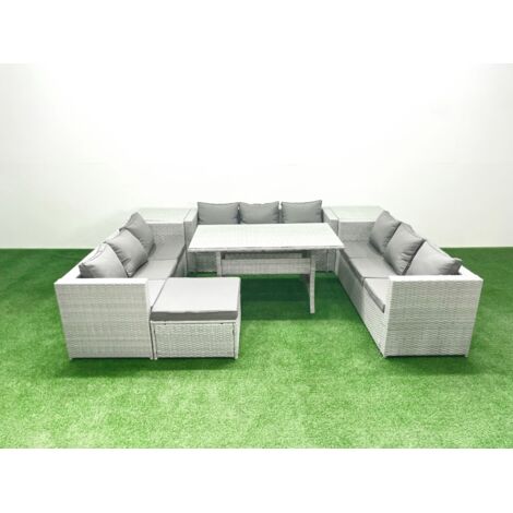 Fimous Ensemble de meubles de jardin en polyrotin 10 places  avec Grands Tabouret 2 Tables d'appoint Gris clair mélangé (1/5)