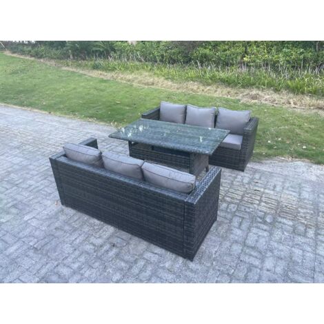 Fimous Ensemble de meubles de jardin en polyrotin Table à manger rectangulaire Canapé 6 places Gris foncé mélangé (1/4)