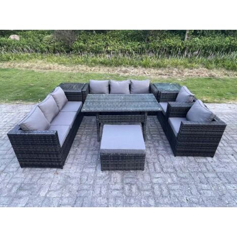 Fimous 9 places Salon de jardin exterieur en resine Table à manger rectangulaire avec 2 Fauteuils 2 Tables d'appoint Tabouret Gris foncé mélangé (1/5)