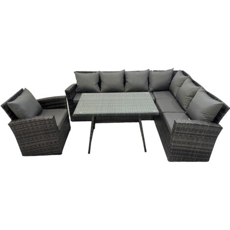 Fimous 7 places Dos haut Ensemble de meubles de jardin en rotin Canapé d'angle avec Table à manger oblongue et Fauteuil Set (1/5)