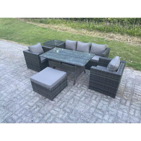 Fimous Ensemble de meubles de jardin en polyrotin Table à manger rectangulaire Canapé Fauteuil avec Table d'appoint Tabouret 6 places (1/5)