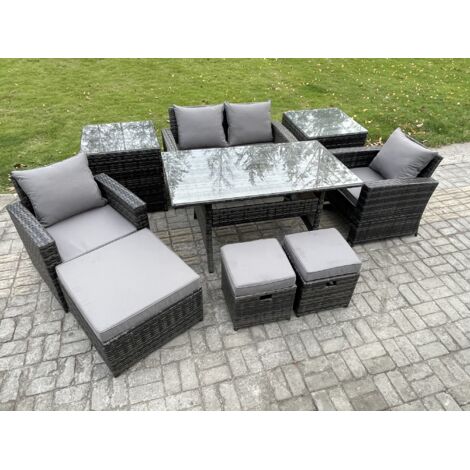 Fimous 7 places Ensemble de meubles de jardin en polyrotin avec Table à manger rectangulaire Canapé avec 3 Repose-pieds 2 Tables d'appoint (1/5)
