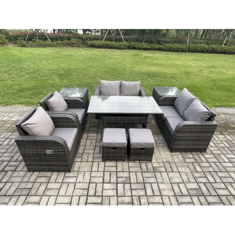 Fimous Ensemble de mobilier de jardin d'extérieur 9 Teil Gris 8 places Canapé avec Table Rectangulaire Fauteuil Inclinablen 2 Tabourets 2 Tables d'appoint (1/5)