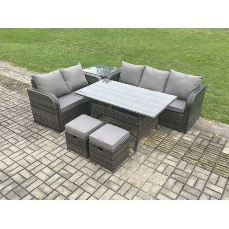 Fimous Salon de Jardin en résine tressée Table à manger rectangulaire et Canapé avec Table d'appoint 2 Petits repose-pieds Gris foncé mélangé (1/5)