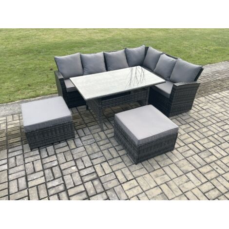 Fimous 8 places Salon de Jardin Extérieur avec Table à manger rectangulaire Grands Tabouret Gris foncé mélangé (1/5)