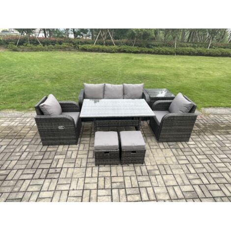 Fimous Ensemble de meubles de jardin en polyrotin Table à manger rectangulaire et Fauteuil Canapé avec Table d'appoint 2 Petits repose-pieds Gris foncé mélangé (1/5)