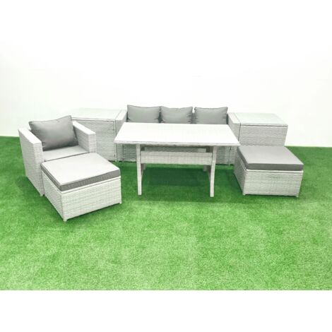 Fimous Ensemble de meubles de jardin en polyrotin 6 places avec Table à manger 2 Tables d'appoint Gris clair mélangé (1/5)