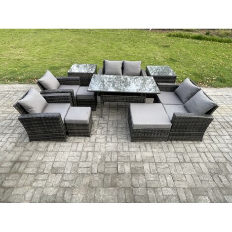 Fimous 10 Pièces Ensemble de mobilier de jardin d'extérieur avec 3 Repose-pieds 2 Tables d'appoint Gris foncé mélangé (1/5)