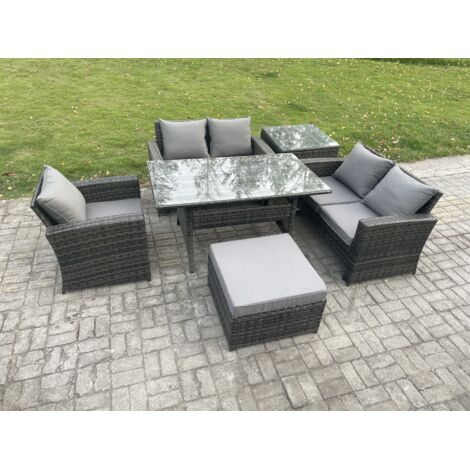 Fimous 6 places GartenEnsemble de meubles de jardin en polyrotin avec Table de salle à manger DoppelsitzCanapé Grands Tabouret Table d'appoint Gris foncé mélangé (1/5)