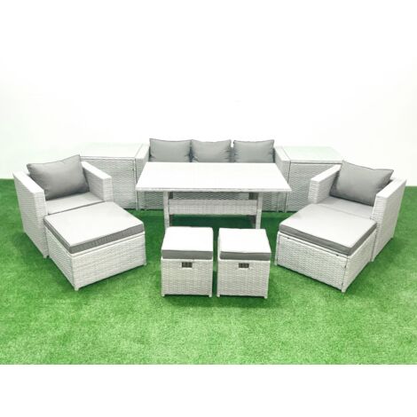 Fimous Ensemble de meubles de jardin en polyrotin 9 places avec Table à manger et 2 Tables d'appoint Gris clair mélangé (1/5)
