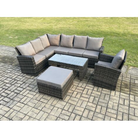 Fimous 8 Seat Ensemble de meubles de jardin en rotin avec Grands Tabouret Gris foncé mélangé (1/5)