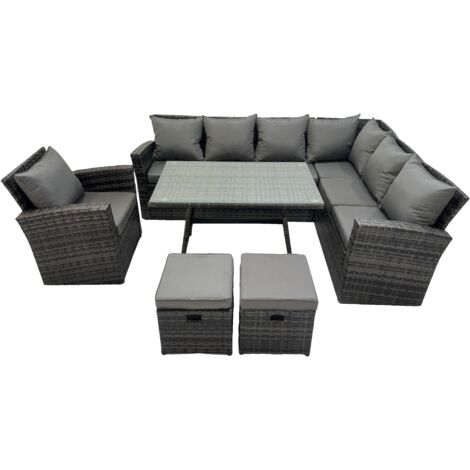 Fimous 9 places Salon de Jardin Exterieur en resine Canapé de Jardin Canape Exterieur Meuble de Jardin Table à manger rectangulaire 2 Tabourets Fauteuil (1/5)