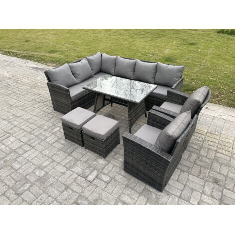 Fimous Ensemble de mobilier de jardin d'extérieur avec Table à manger oblongue 2 Petits repose-pieds 2 Fauteuils Gris foncé mélangé (1/5)