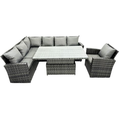 Fimous Mobilier de jardin en polyrotin à dossier haut Ensemble de table à manger réglable en hauteur avec Fauteuil (1/5)