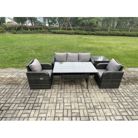 Fimous Ensemble de meubles de jardin en polyrotin Table à manger rectangulaire et Fauteuil Canapé avec Table d'appoint Gris foncé mélangé (1/5)