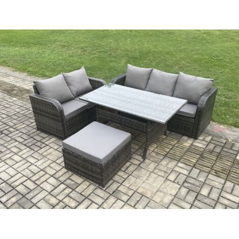 Fimous Salon de Jardin en résine tressée Table à manger rectangulaire et Canapé avec Grands Tabouret Gris foncé mélangé (1/5)