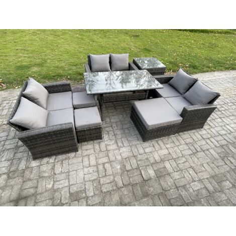 Fimous Ensemble de meubles de jardin en rotin s avec Table à manger oblongue DoppelsitzCanapé 3 Repose-pieds Table d'appoint Gris foncé mélangé (1/5)