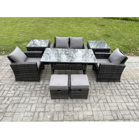 Fimous 6 places Ensemble de meubles de jardin en polyrotin avec Table à manger rectangulaire Canapé avec 2 Petits repose-pieds 2 Tables d'appoint (1/5)