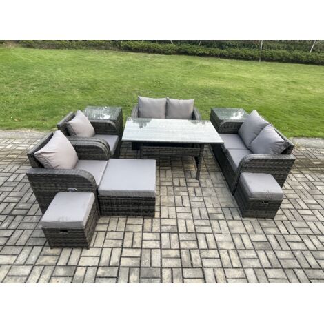 Fimous Ensemble de mobilier de jardin d'extérieur 10 Teil Gris avec Table Rectangulaire Fauteuil Inclinablen 3 Tabourets 2 Tables d'appoint (1/5)