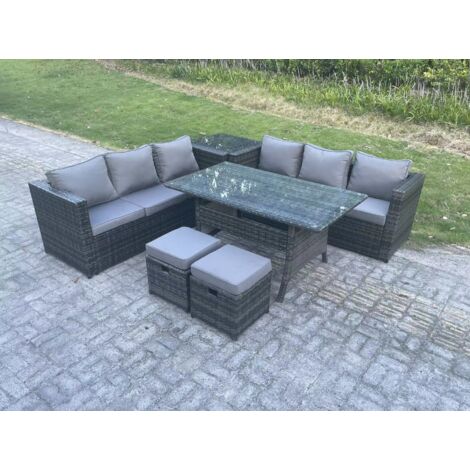 Fimous Ensemble de meubles de jardin en polyrotin Table à manger rectangulaire Canapé avec 2 Petit tabouret Table d'appoint 8 places Gris foncé mélangé (1/5)