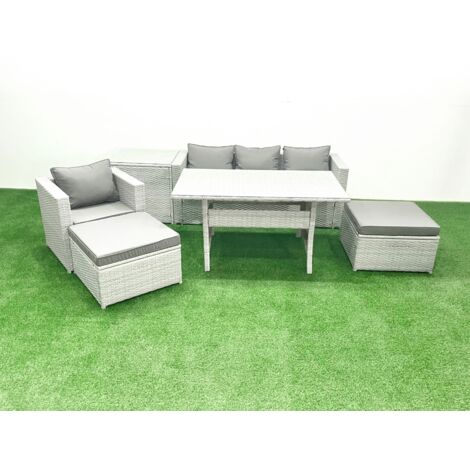Fimous Ensemble de meubles de jardin en polyrotin 6 places avec Table à manger et Table d'appoint Gris clair mélangé (1/5)