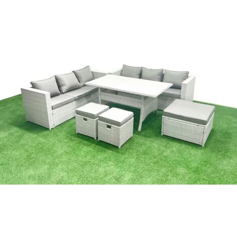 Fimous Ensemble de meubles de jardin en rotin 9 places avec table de salle à manger 3 Repose-pieds Gris clair mélangé (1/5)