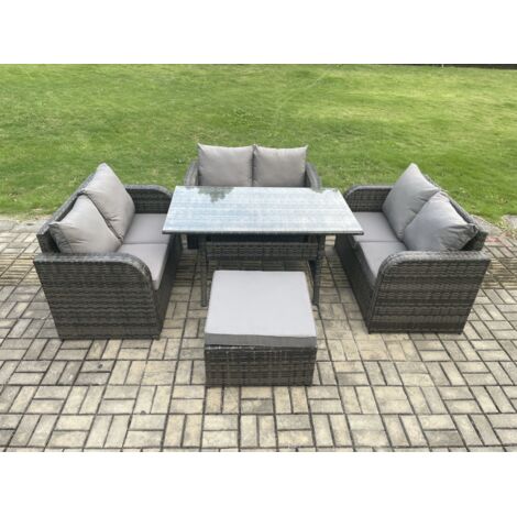 Fimous Ensemble de meubles de jardin en polyrotin avec Table à manger rectangulaire Grands Tabouret Gris foncé mélangé (1/5)