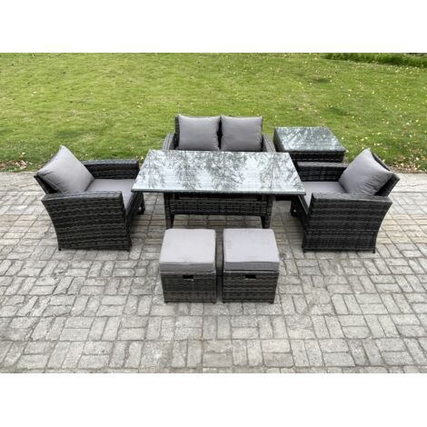 Fimous Ensemble de meubles de jardin en polyrotin avec Table à manger rectangulaire Canapé avec Table d'appoint 2 Petit tabouret (1/5)
