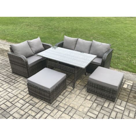 Fimous Salon de Jardin en résine tressée Table à manger rectangulaire et Canapé avec 2 Grands Tabourets Gris foncé mélangé (1/5)