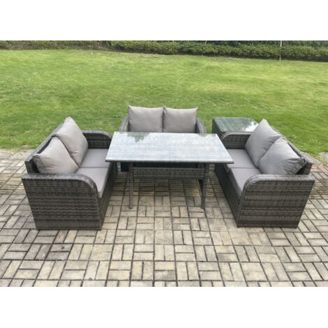Fimous Ensemble de meubles de jardin en polyrotin avec Table à manger rectangulaire Table d'appoint Gris foncé mélangé (1/5)