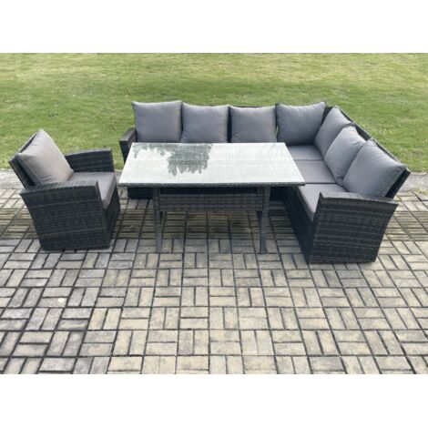 Fimous 7 places Salon de jardin exterieur resine tressee avec Verre trempé et coussin (1/5)