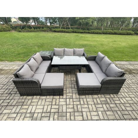 Fimous Ensemble de meubles de jardin en polyrotin avec Table à manger rectangulaire 2 Grands Tabourets Table d'appoint Gris foncé mélangé (1/5)